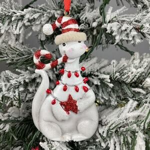 Christmas Ornament- White Festive Dinosaur With Candy Cane In Mouth